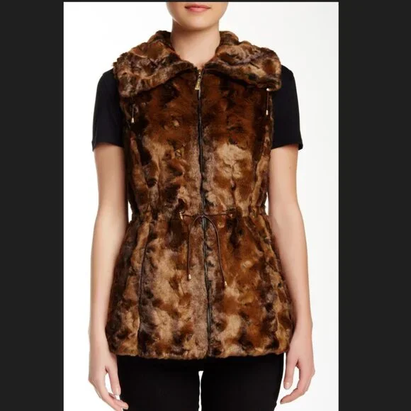 Ellen Tracy NEW VEST Crushed Faux Fur Women's L Drawstring Waist BROWN BLACK NWT - Picture 4 of 16